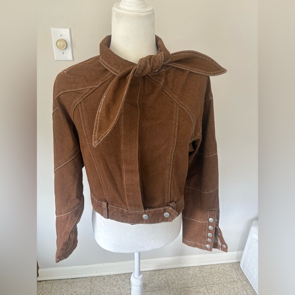 Elegant Brown Jean Jacket with Tie Collar - Picture 1 of 9